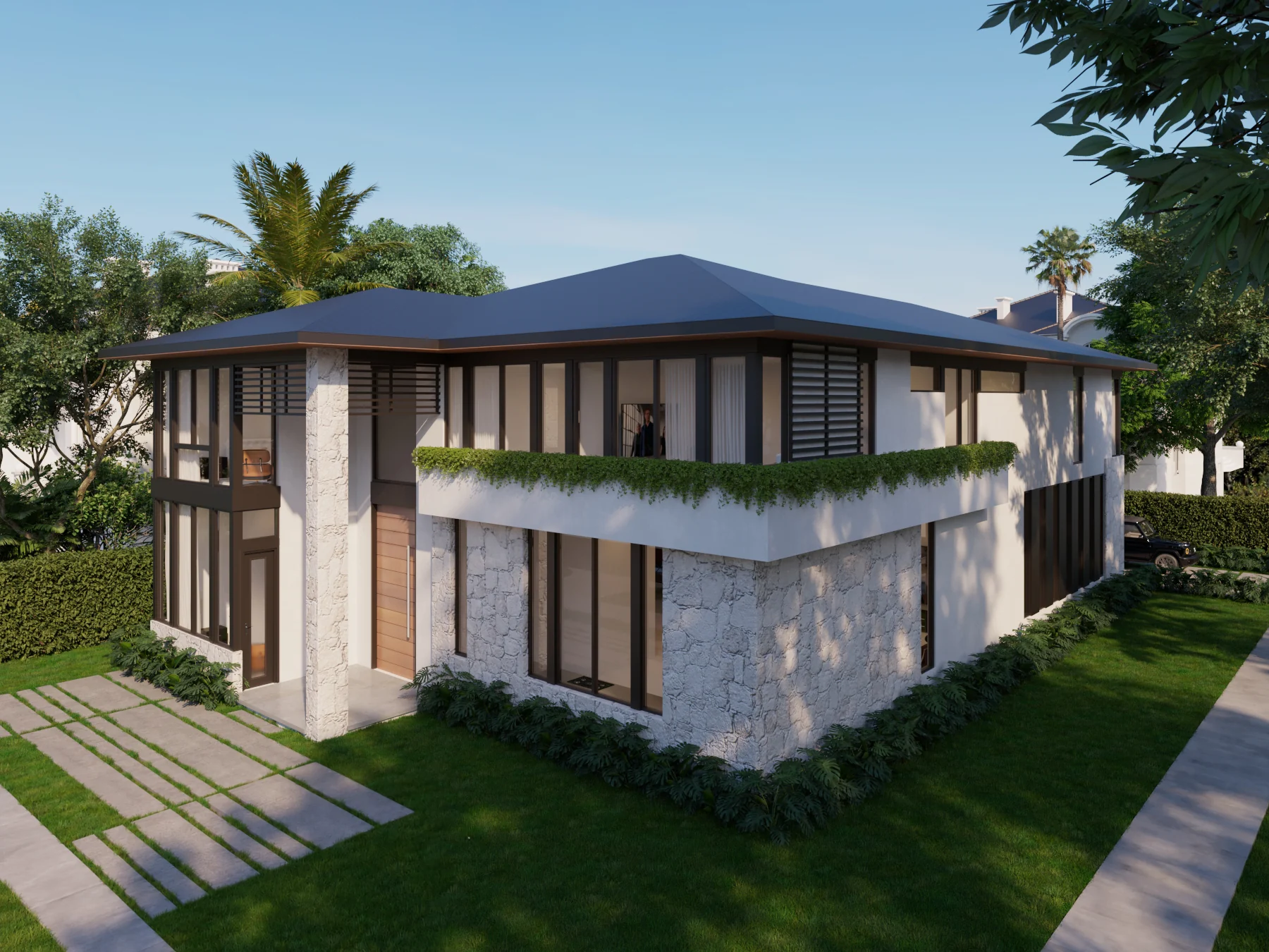 Corner view — coral stone, planted terrace and hipped roof