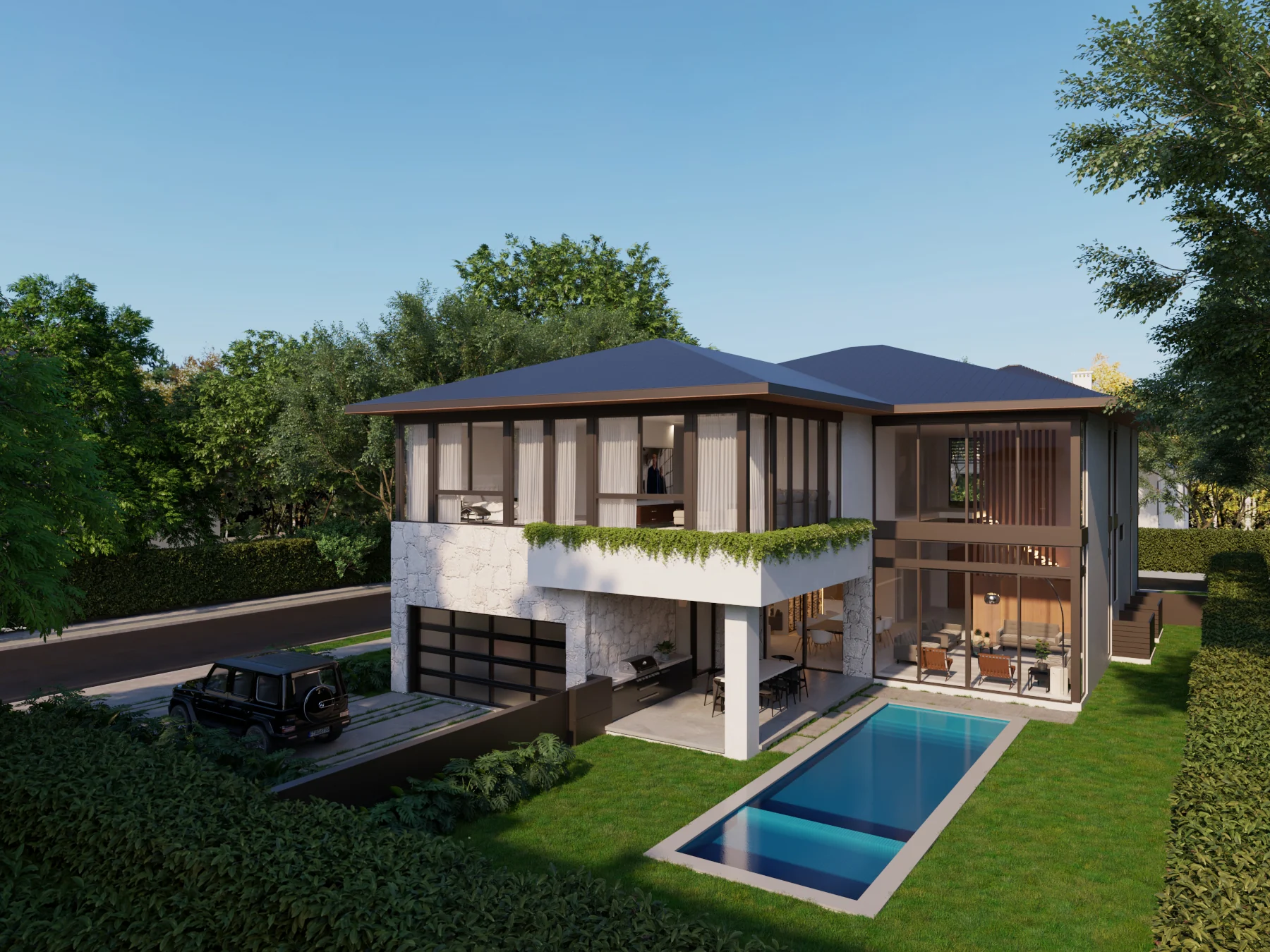 Rear elevation — pool, covered terrace and double-height glass